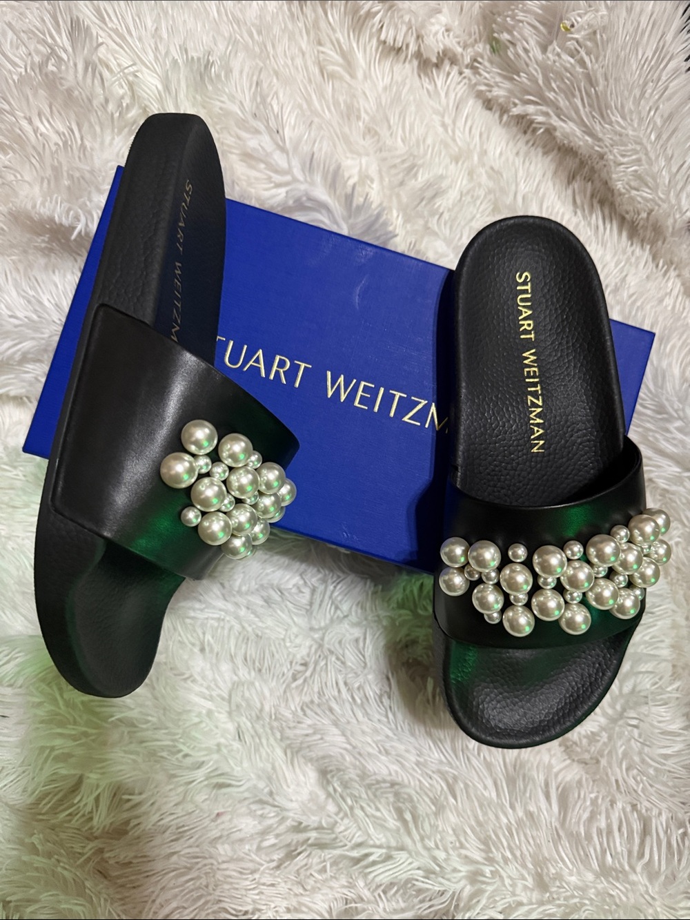 Stuart Weitzman Black Pearl-Cluster Slide Mules